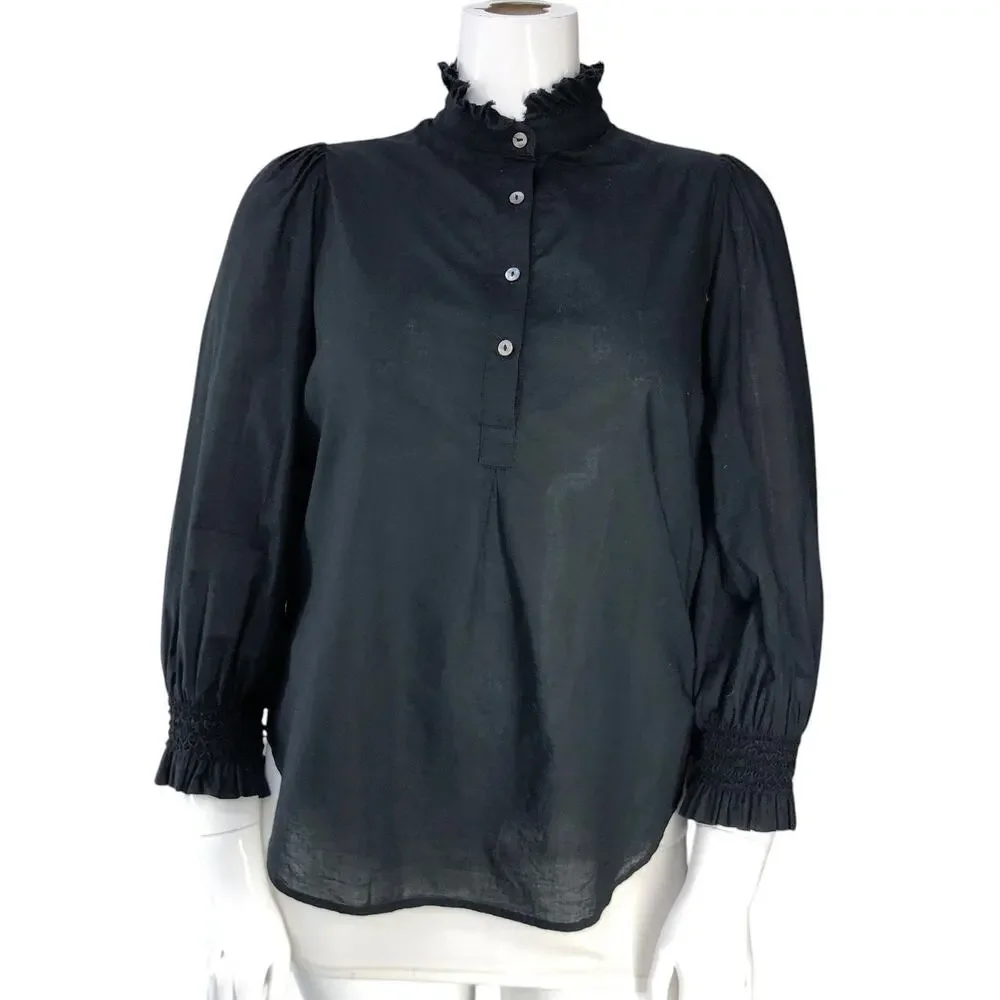 Tuckernuck Blouse Womens L Ruffle High Neck Puff Sleeve Smocked Cuff Black
